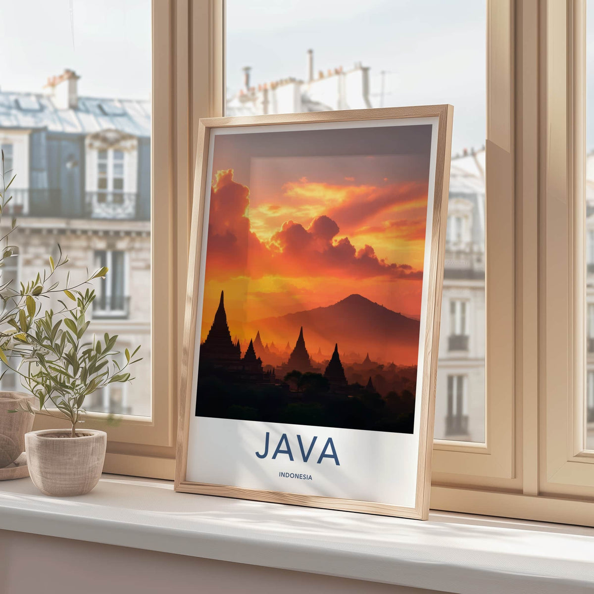 Java Poster - Indonesia Travel Art - Silhouetted Temples Mountains Home Decor