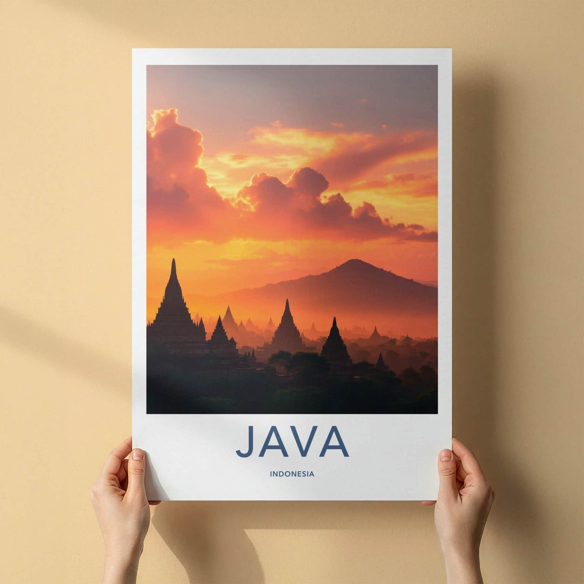 Java Poster - Indonesia Travel Art - Silhouetted Temples Mountains Home Decor