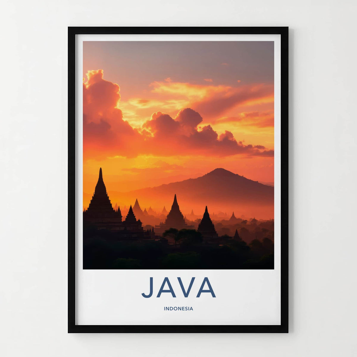 Java Poster - Indonesia Travel Art - Silhouetted Temples Mountains Home Decor