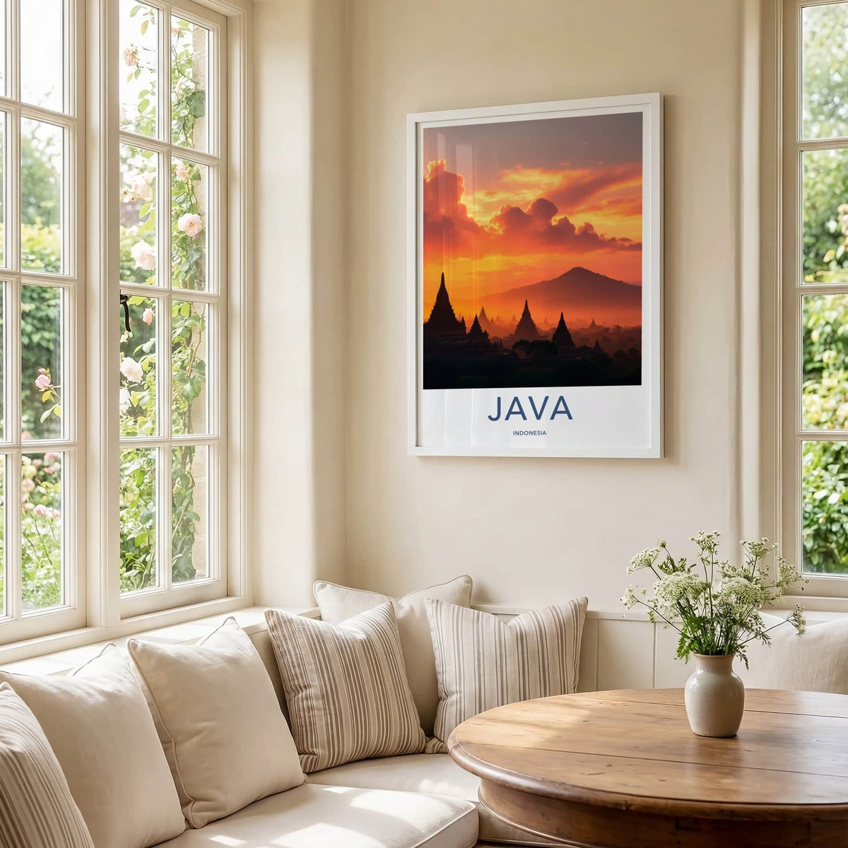 Java Poster - Indonesia Travel Art - Silhouetted Temples Mountains Home Decor