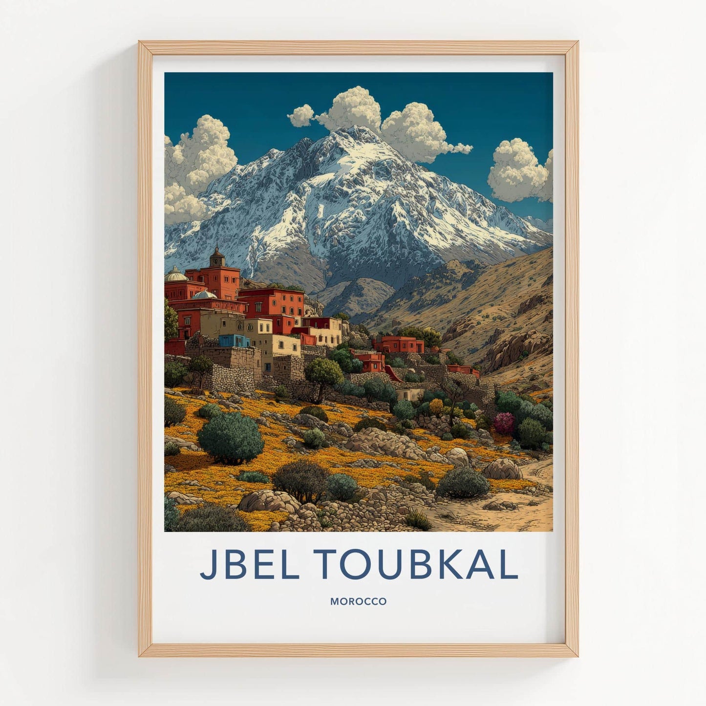 Jbel Toubkal Poster - Morocco Travel Art - Terraced Village Flowers Home Decor