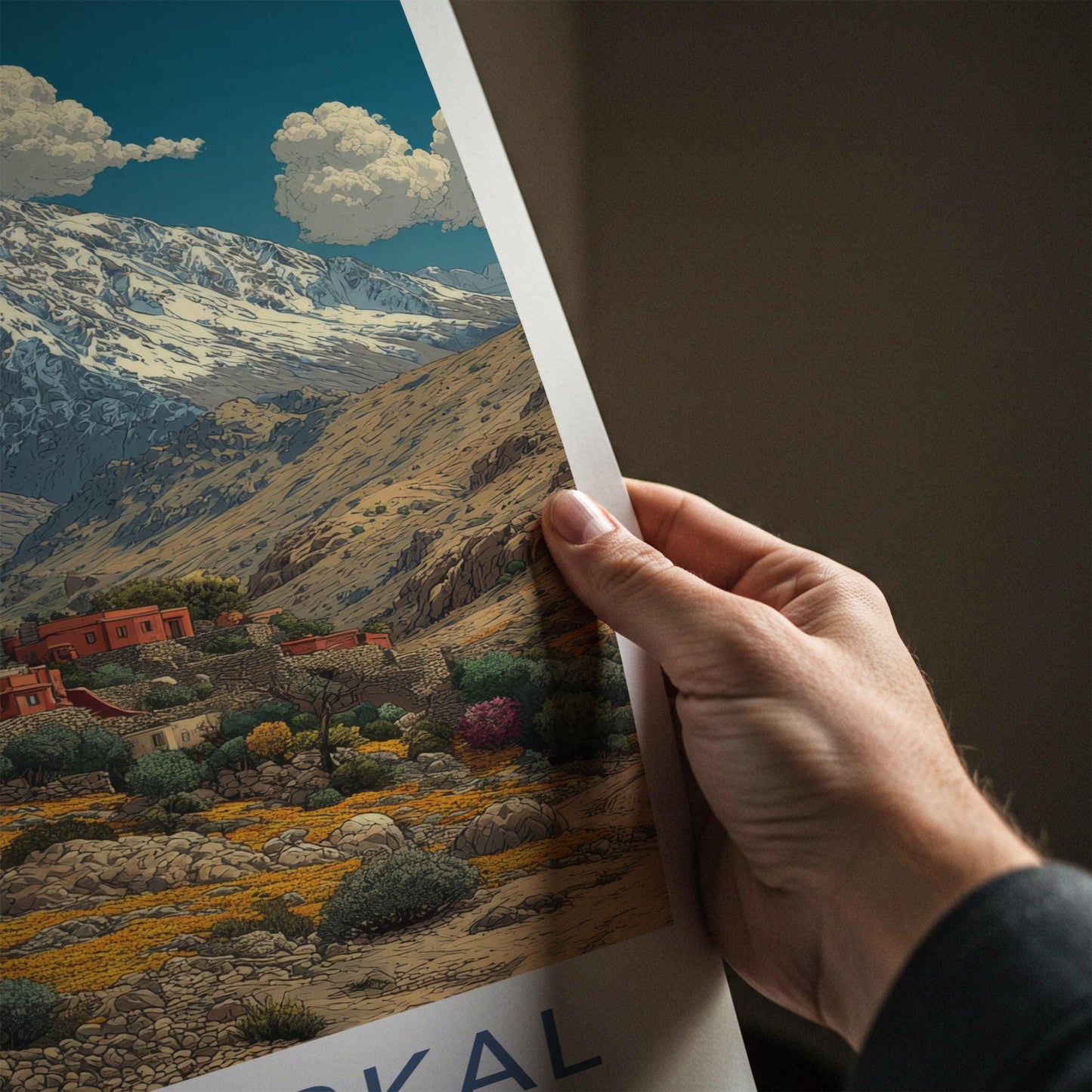 Jbel Toubkal Poster - Morocco Travel Art - Terraced Village Flowers Home Decor