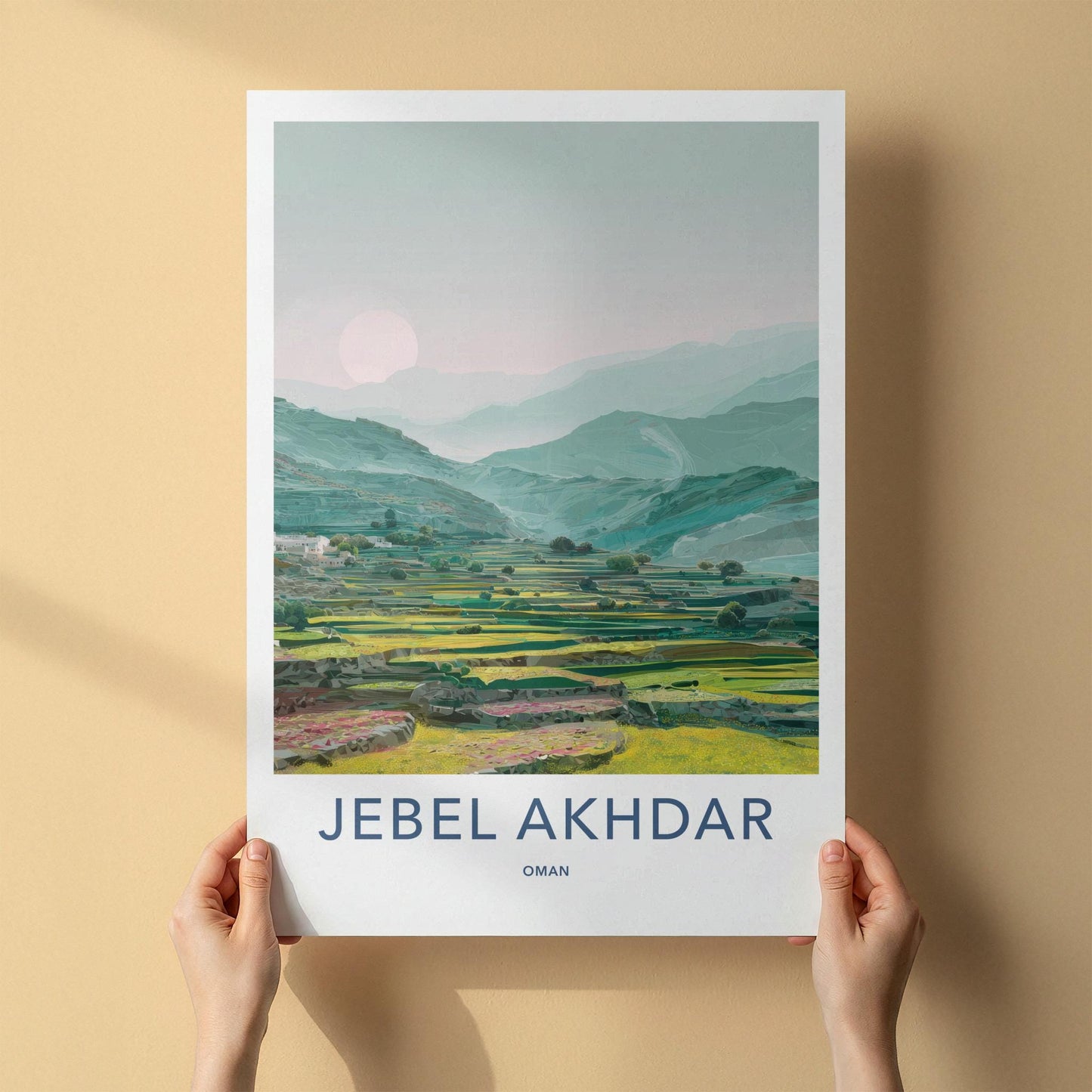 Jebel Akhdar Poster - Oman Travel Art - Mountain Terraces Sunset Home Decor
