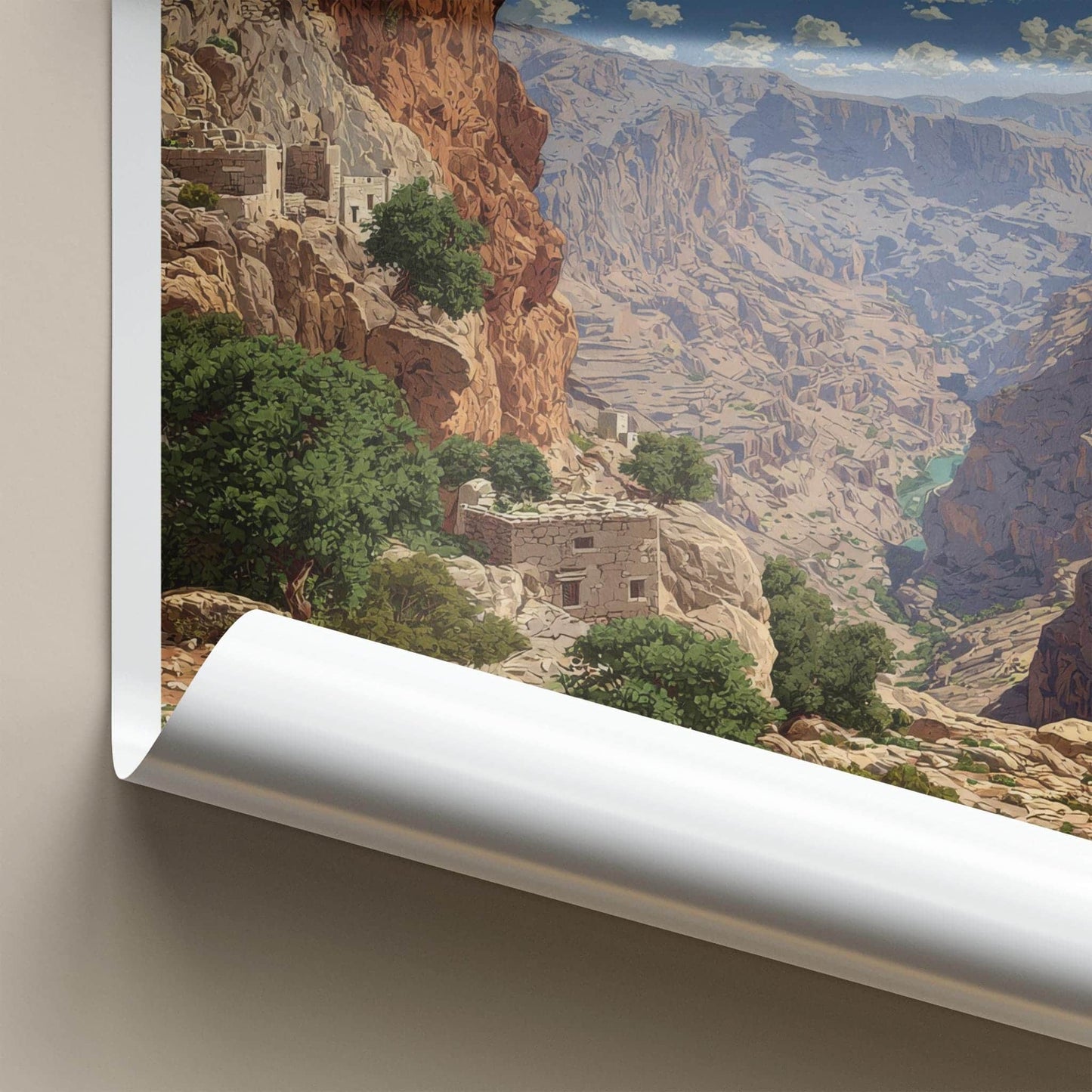 Jebel Shams Poster - Oman Travel Art - Cliffside Village Canyon Home Decor
