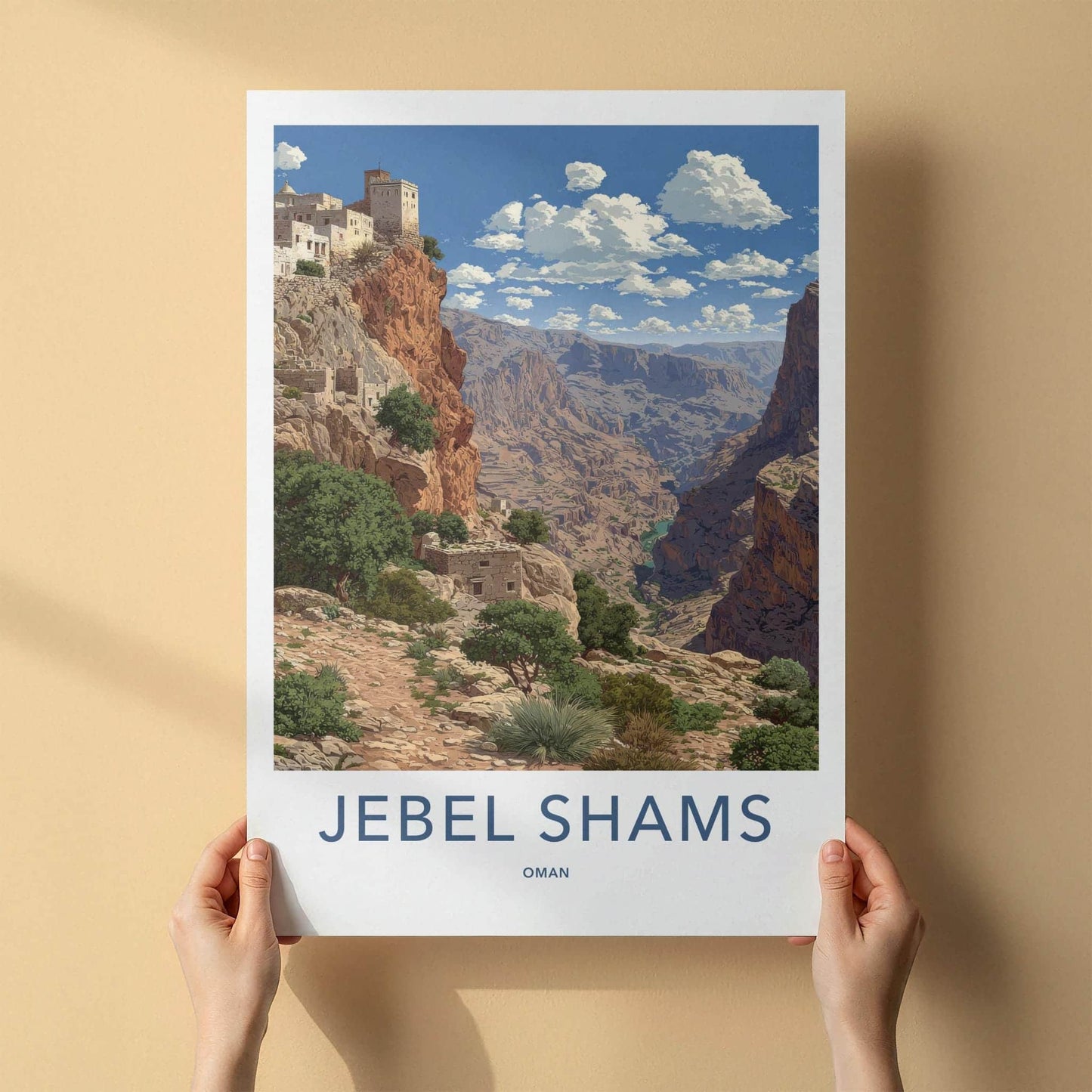 Jebel Shams Poster - Oman Travel Art - Cliffside Village Canyon Home Decor