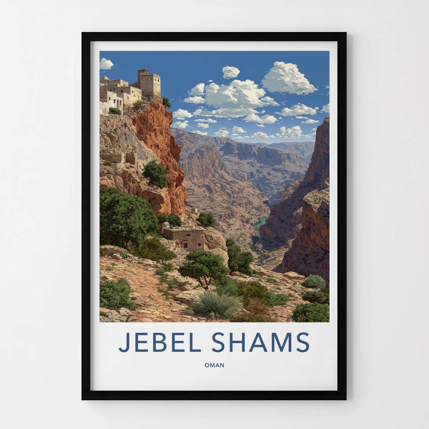 Jebel Shams Poster - Oman Travel Art - Cliffside Village Canyon Home Decor