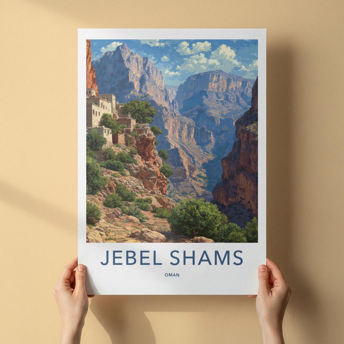 Jebel Shams Poster - Oman Travel Art - Cliffside Village Canyon Wall Decor
