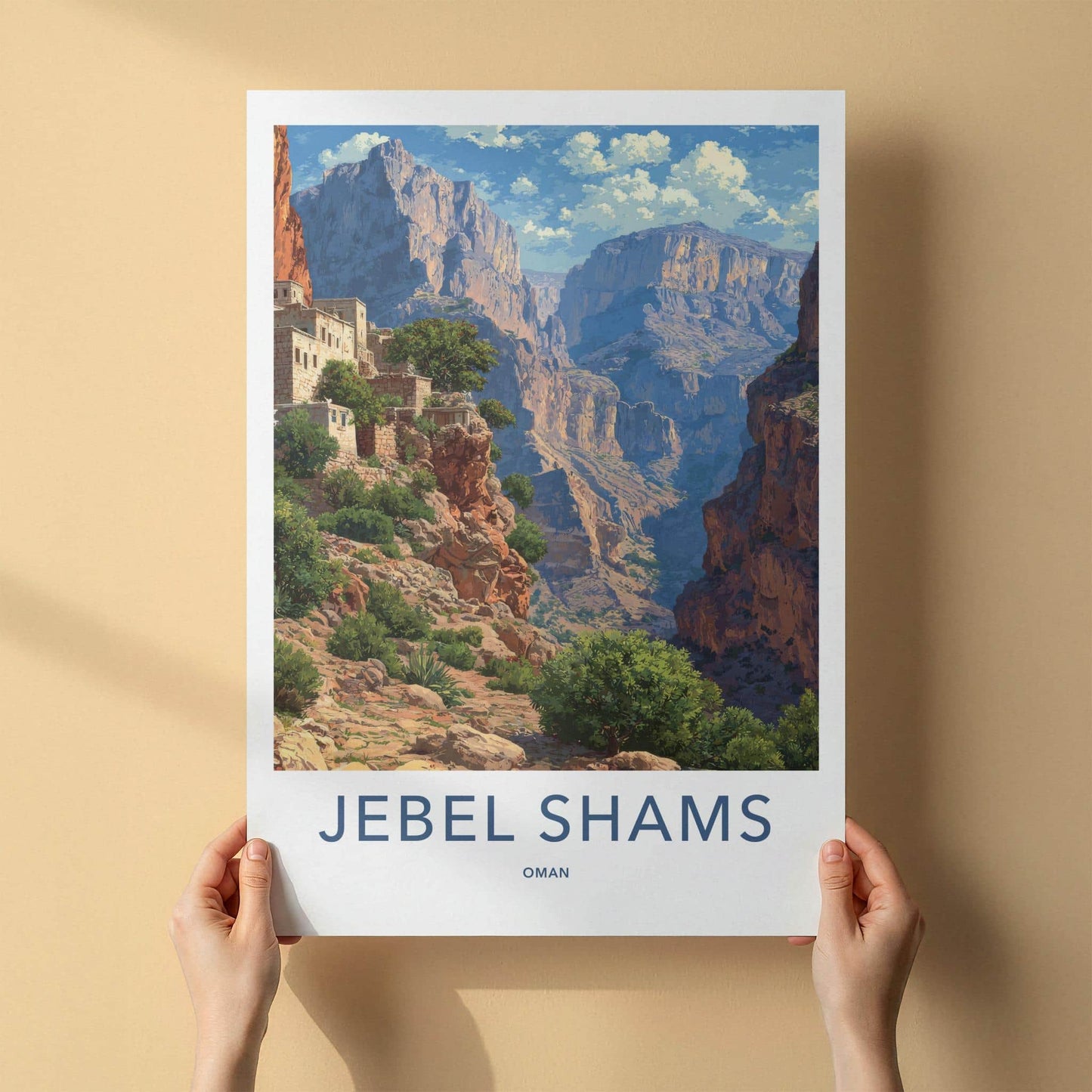 Jebel Shams Poster - Oman Travel Art - Cliffside Village Canyon Wall Decor