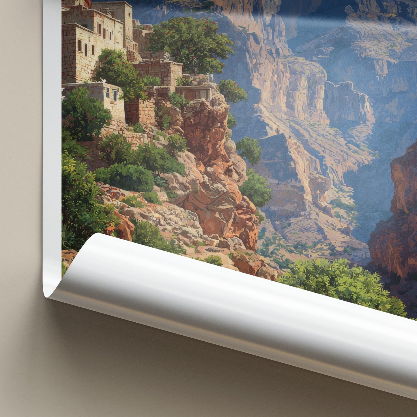 Jebel Shams Poster - Oman Travel Art - Cliffside Village Canyon Wall Decor