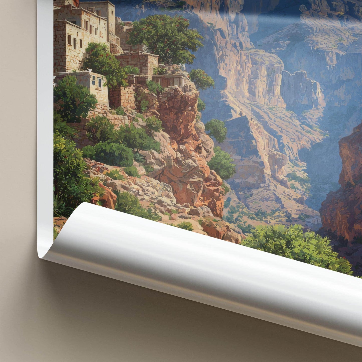 Jebel Shams Poster - Oman Travel Art - Cliffside Village Canyon Wall Decor