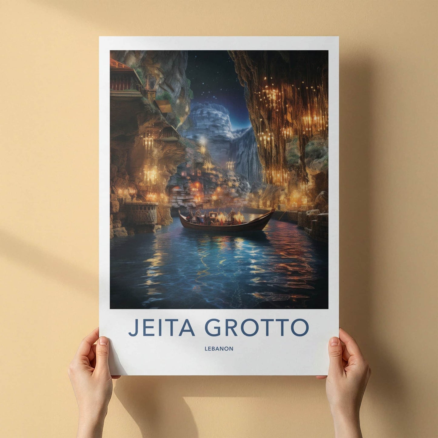 JEITA GROTTO Poster - Lebanon Travel Art - Grotto Boat Lights Home Decor