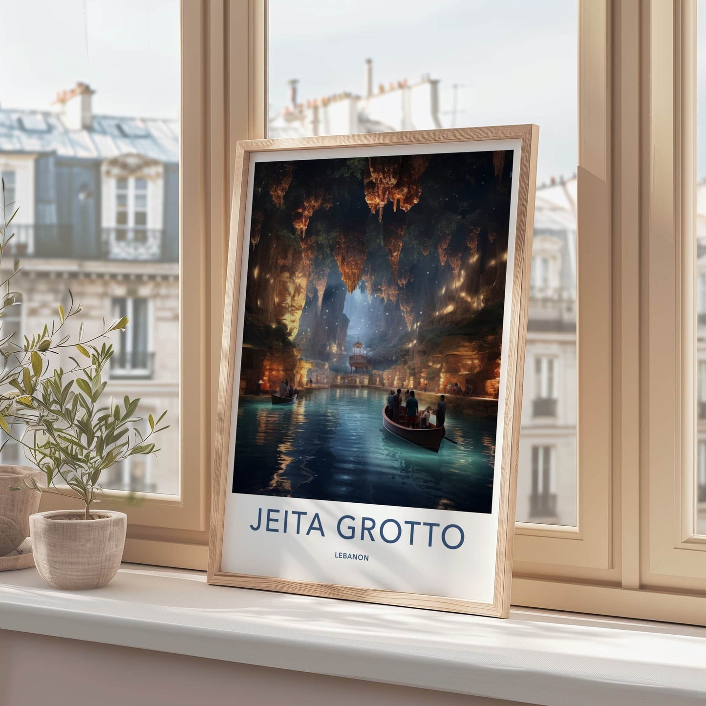 Jeita Grotto Poster - Lebanon Travel Art - Illuminated Cave Boats Home Decor