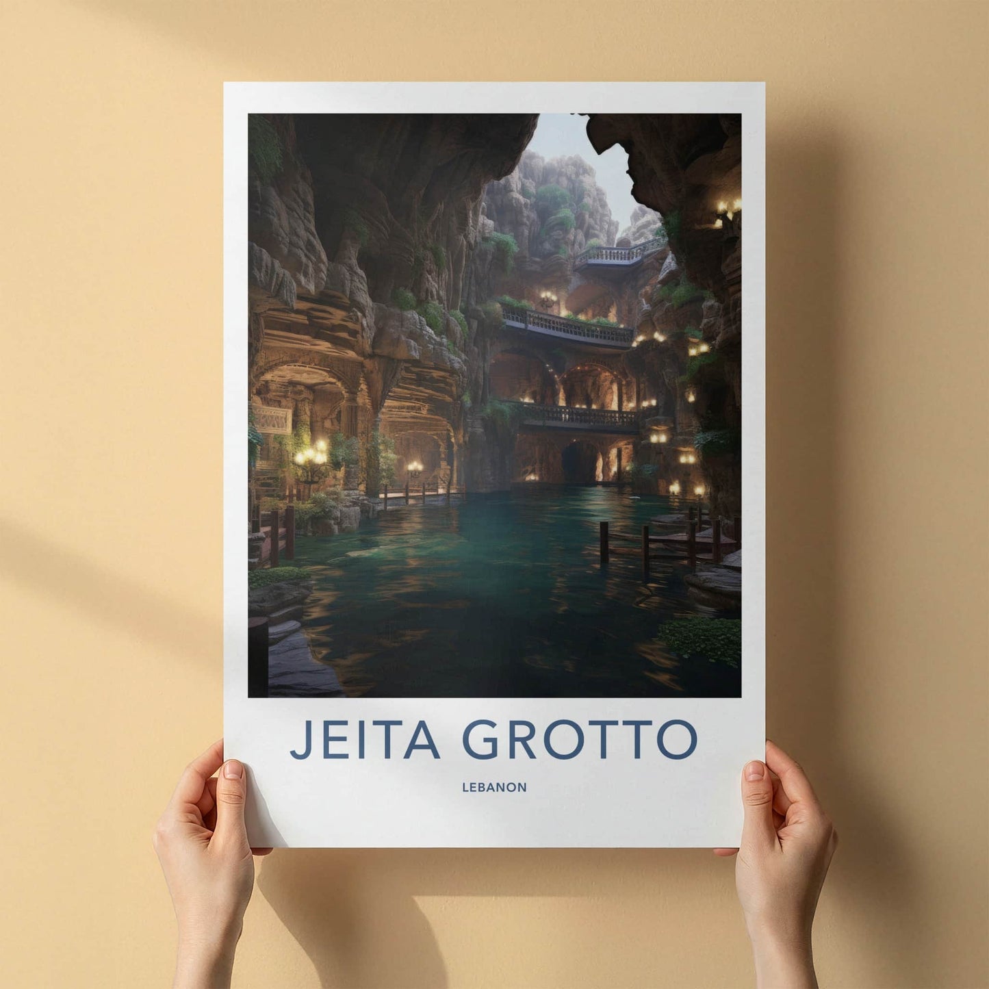 Jeita Grotto Poster - Lebanon Travel Art - Lit Cave Waterway Home Decor