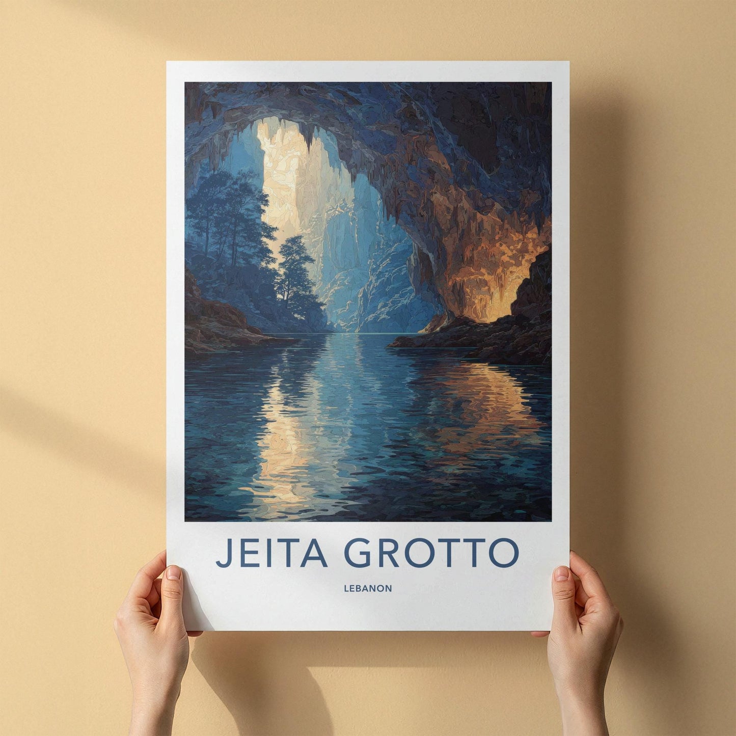 Jeita Grotto Poster - Lebanon Travel Art - Sunlit Cave Waters Home Decor