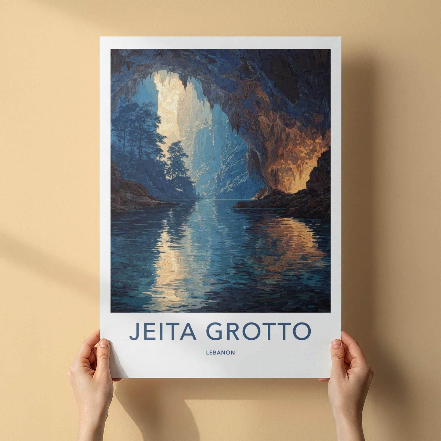 Jeita Grotto Poster - Lebanon Travel Art - Sunlit Cave Waters Home Decor