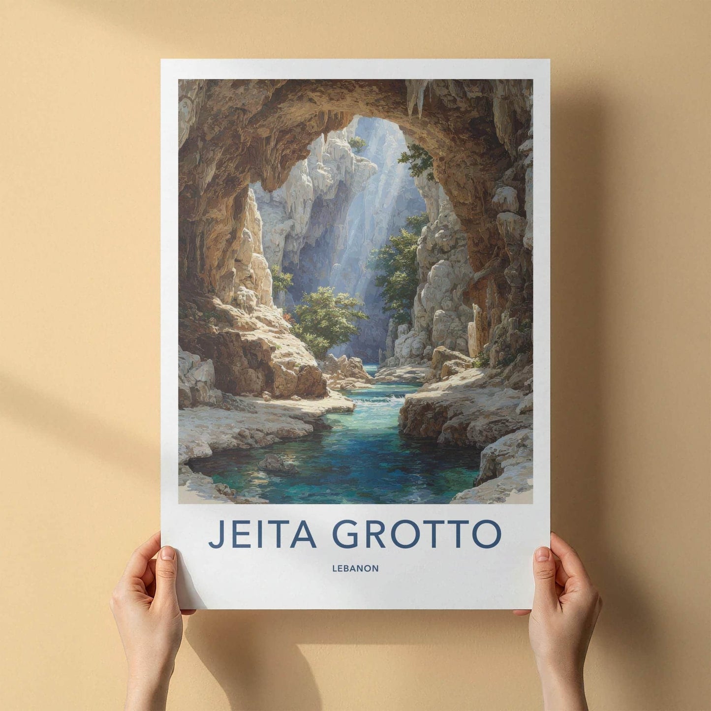 Jeita Grotto Poster - Lebanon Wall Art - Sunlit Cavern Stream Home Decor