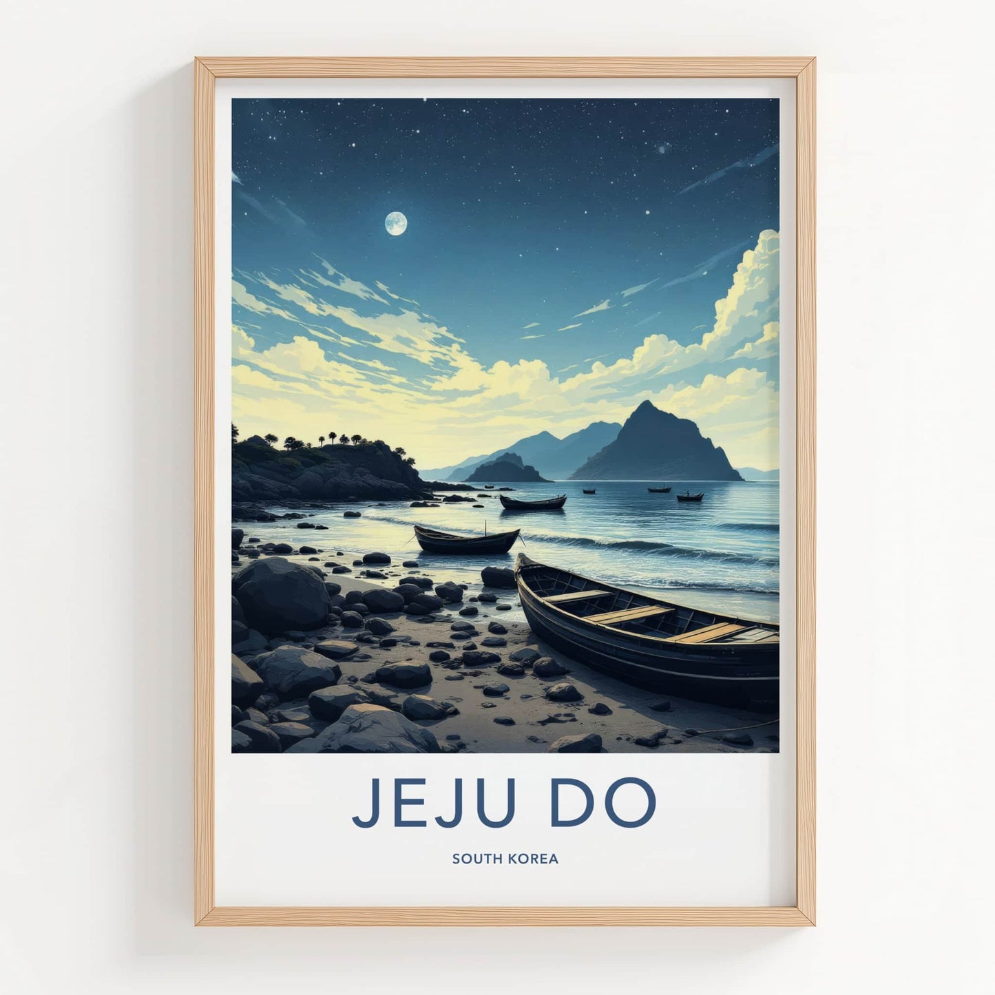 Jeju Do Poster - South Korea Art Print - Moonlit Coastal Boats Home Decor