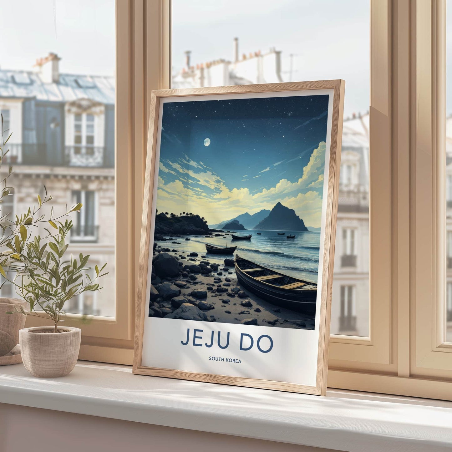 Jeju Do Poster - South Korea Art Print - Moonlit Coastal Boats Home Decor