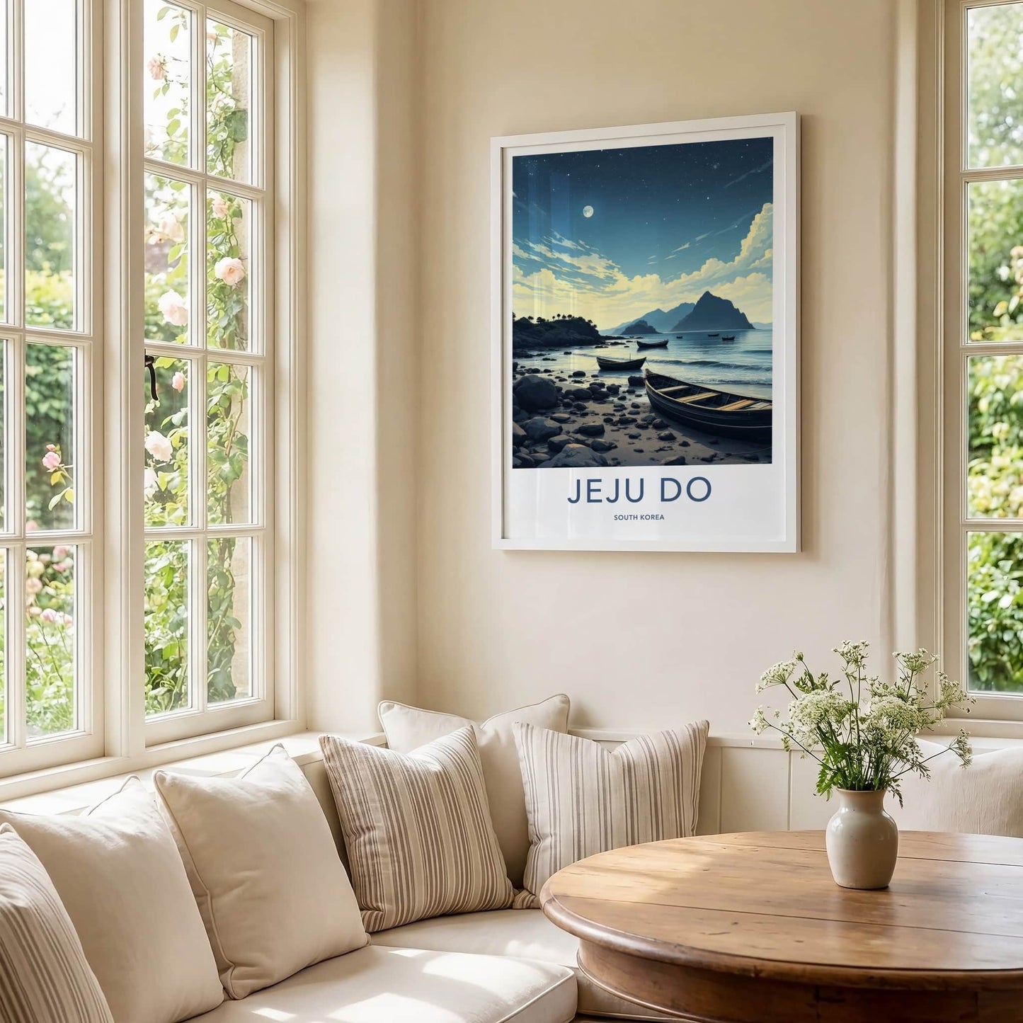Jeju Do Poster - South Korea Art Print - Moonlit Coastal Boats Home Decor