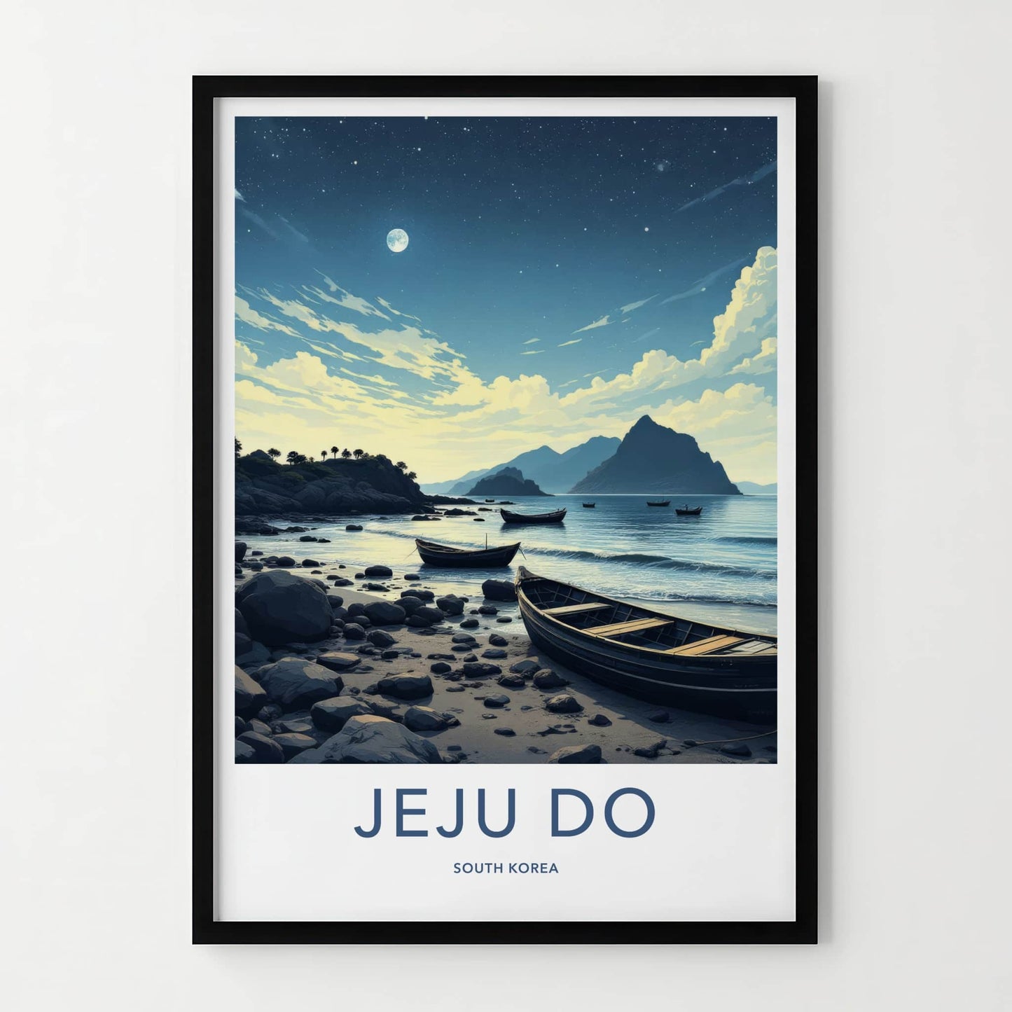 Jeju Do Poster - South Korea Art Print - Moonlit Coastal Boats Home Decor