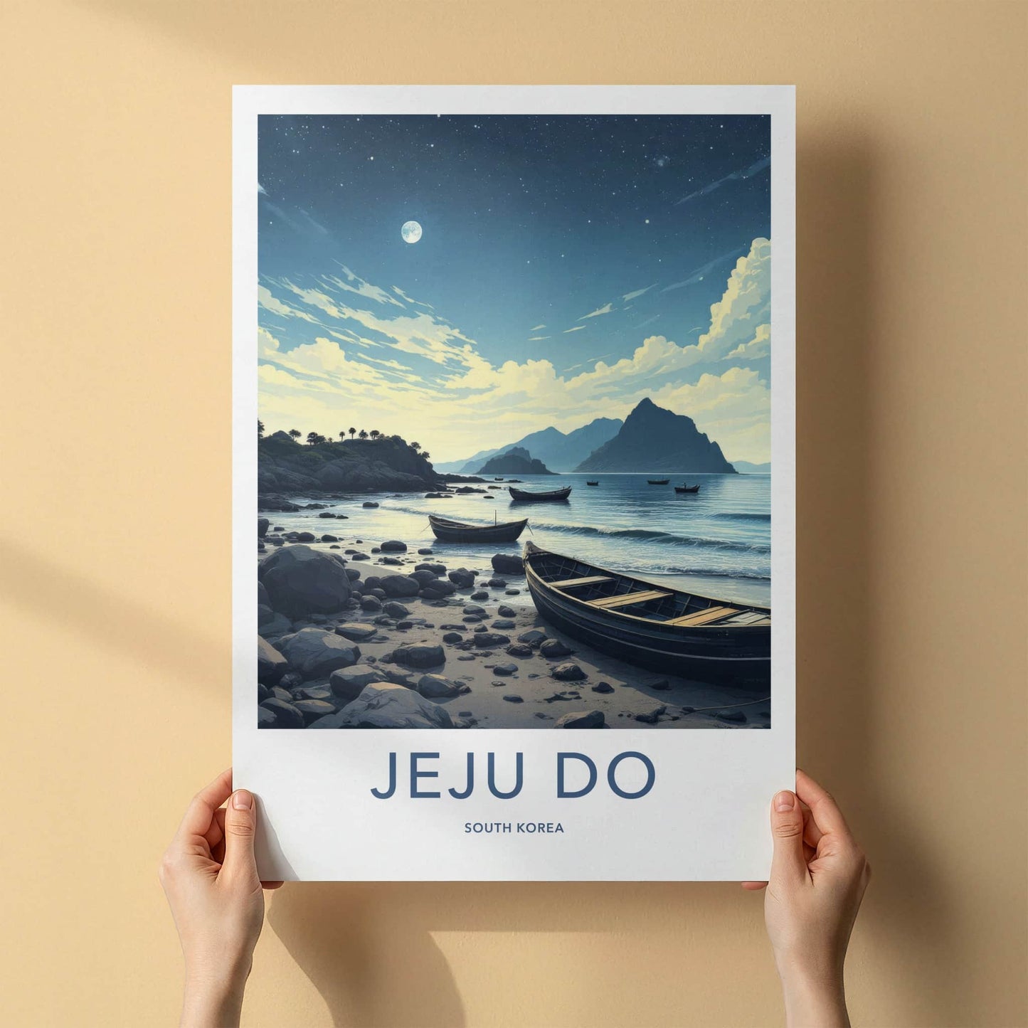 Jeju Do Poster - South Korea Art Print - Moonlit Coastal Boats Home Decor