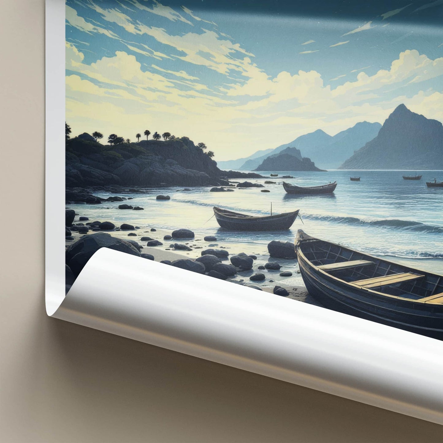 Jeju Do Poster - South Korea Art Print - Moonlit Coastal Boats Home Decor