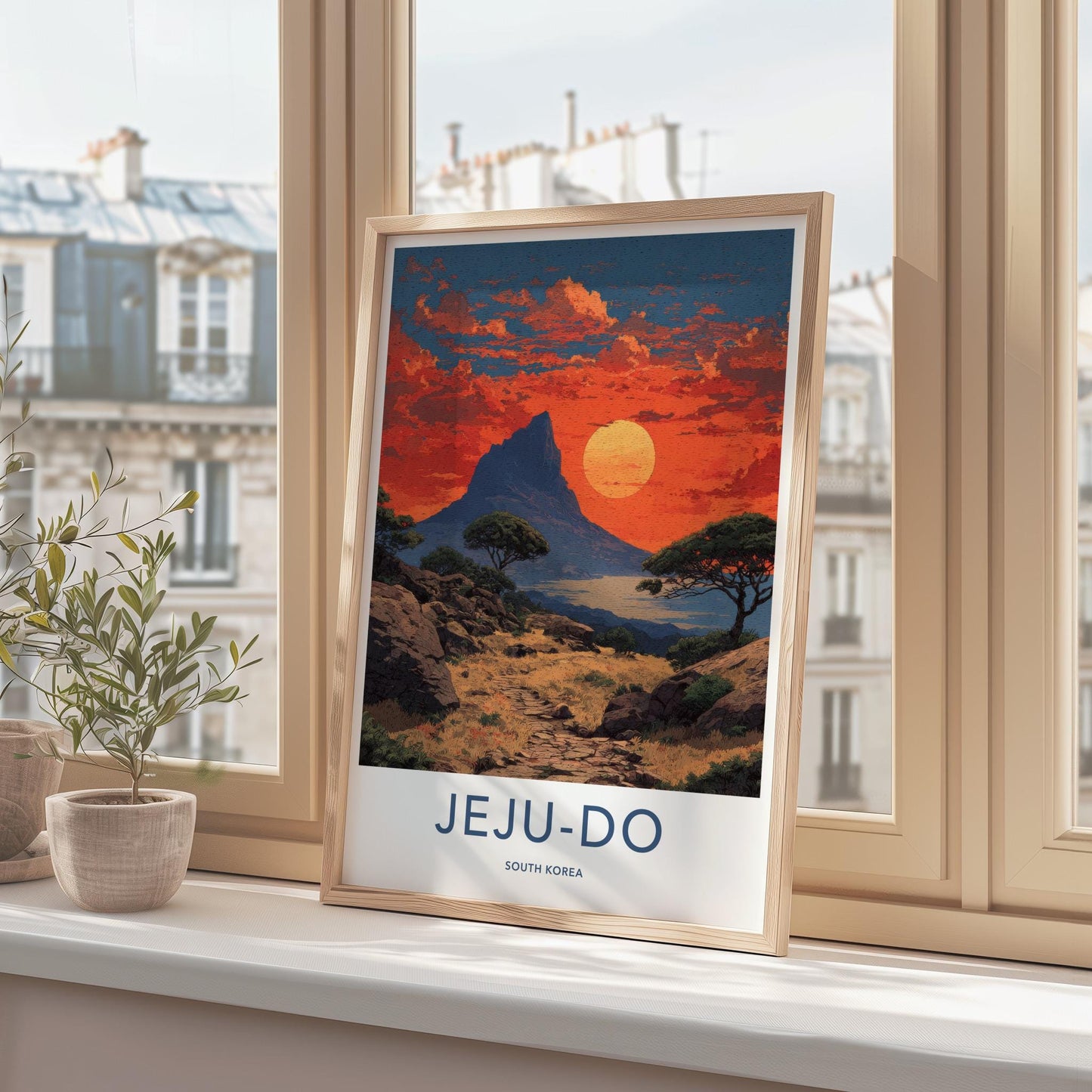 Jeju-Do Poster - South Korea Art Print - Orange Sky Mountain Wall Decor