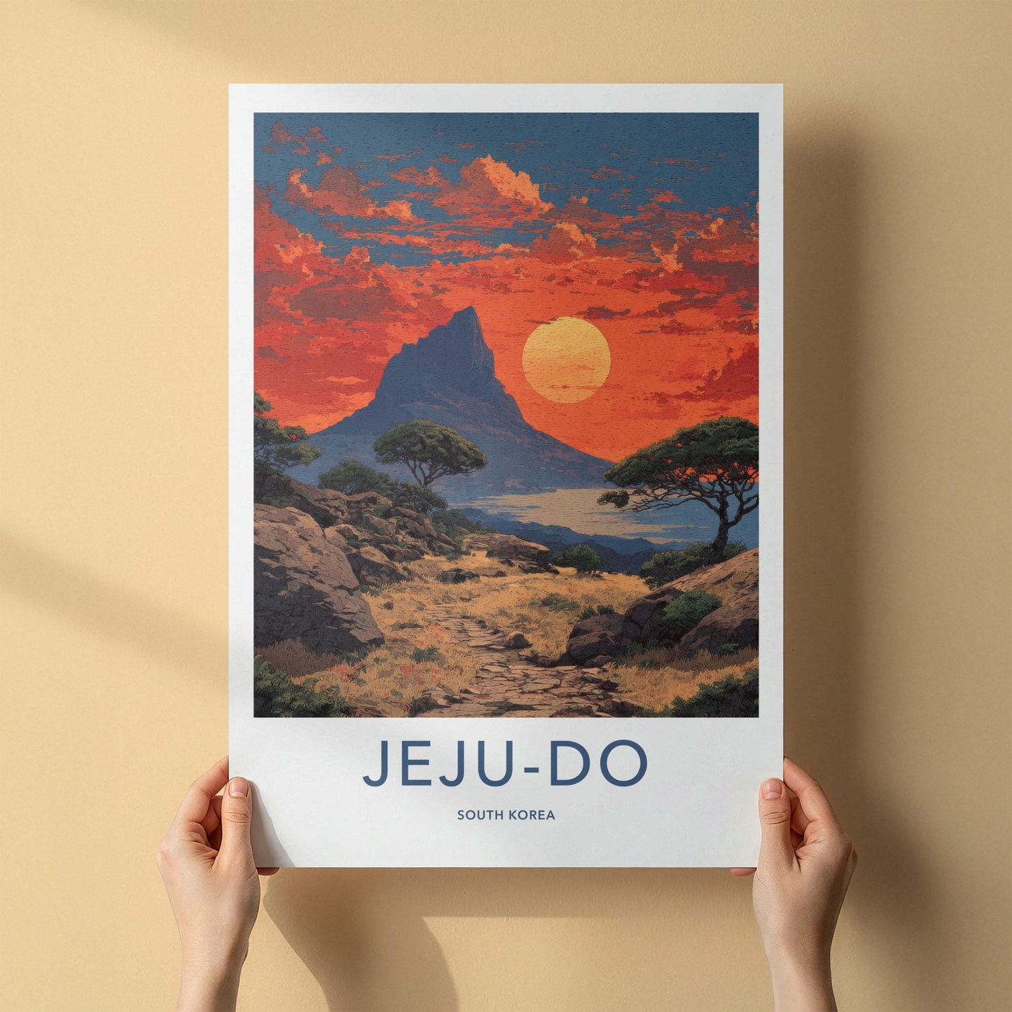 Jeju-Do Poster - South Korea Art Print - Orange Sky Mountain Wall Decor