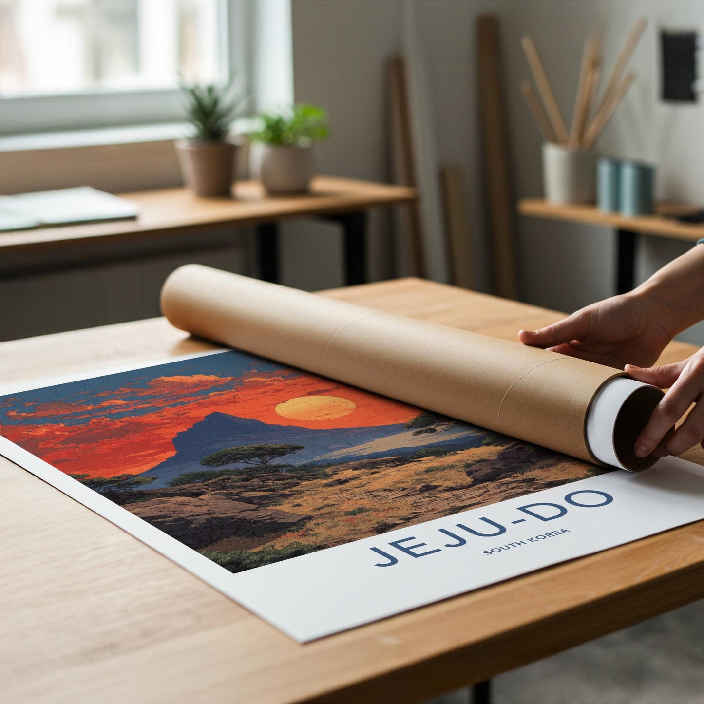 Jeju-Do Poster - South Korea Art Print - Orange Sky Mountain Wall Decor