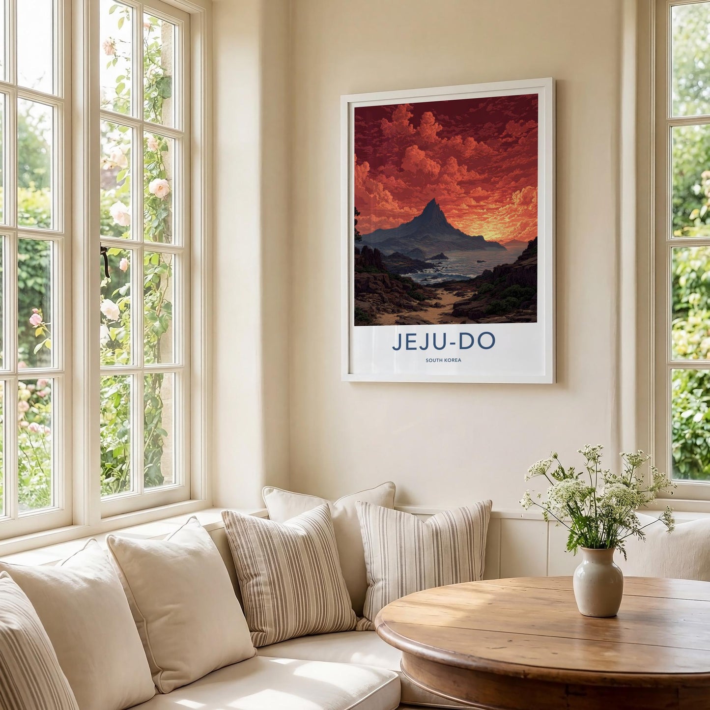 Jeju-Do Poster - South Korea Travel Art - Fiery Sky Ocean Home Decor
