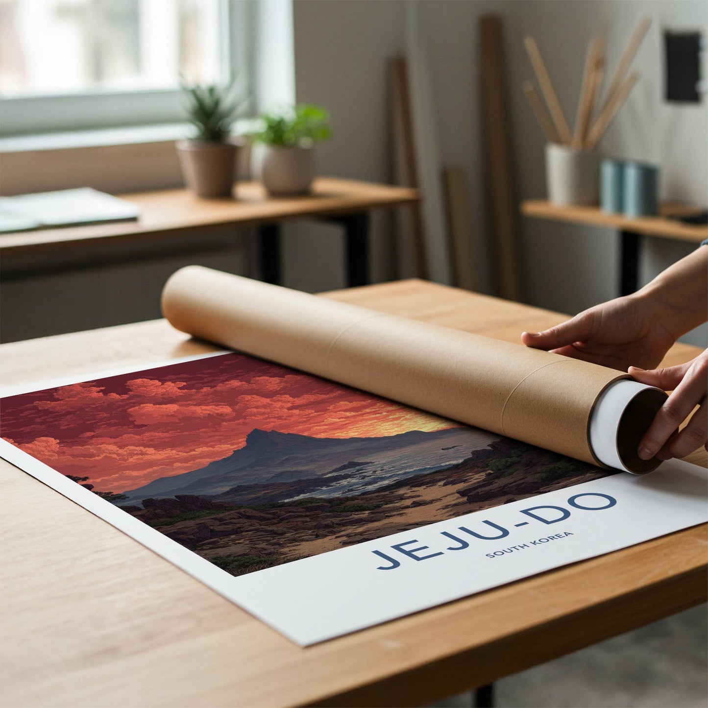 Jeju-Do Poster - South Korea Travel Art - Fiery Sky Ocean Home Decor