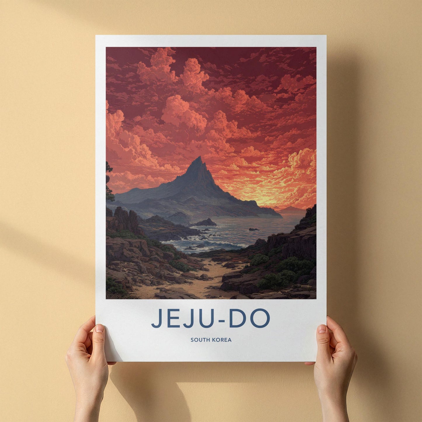 Jeju-Do Poster - South Korea Travel Art - Fiery Sky Ocean Home Decor