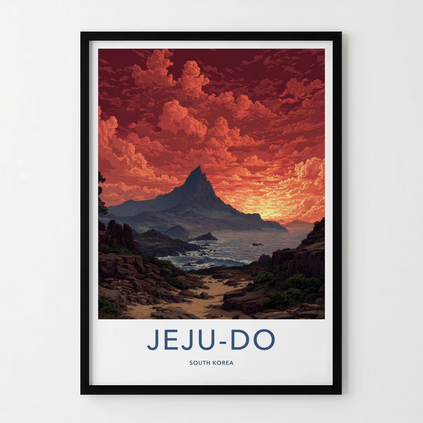 Jeju-Do Poster - South Korea Travel Art - Fiery Sky Ocean Home Decor