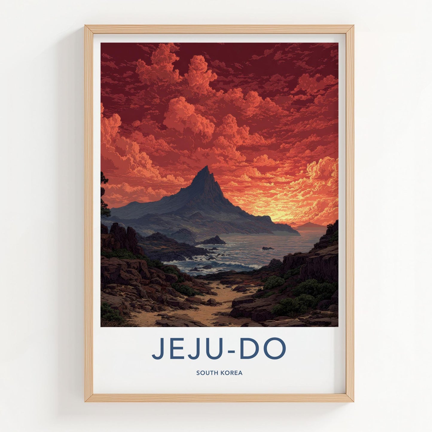 Jeju-Do Poster - South Korea Travel Art - Fiery Sky Ocean Home Decor