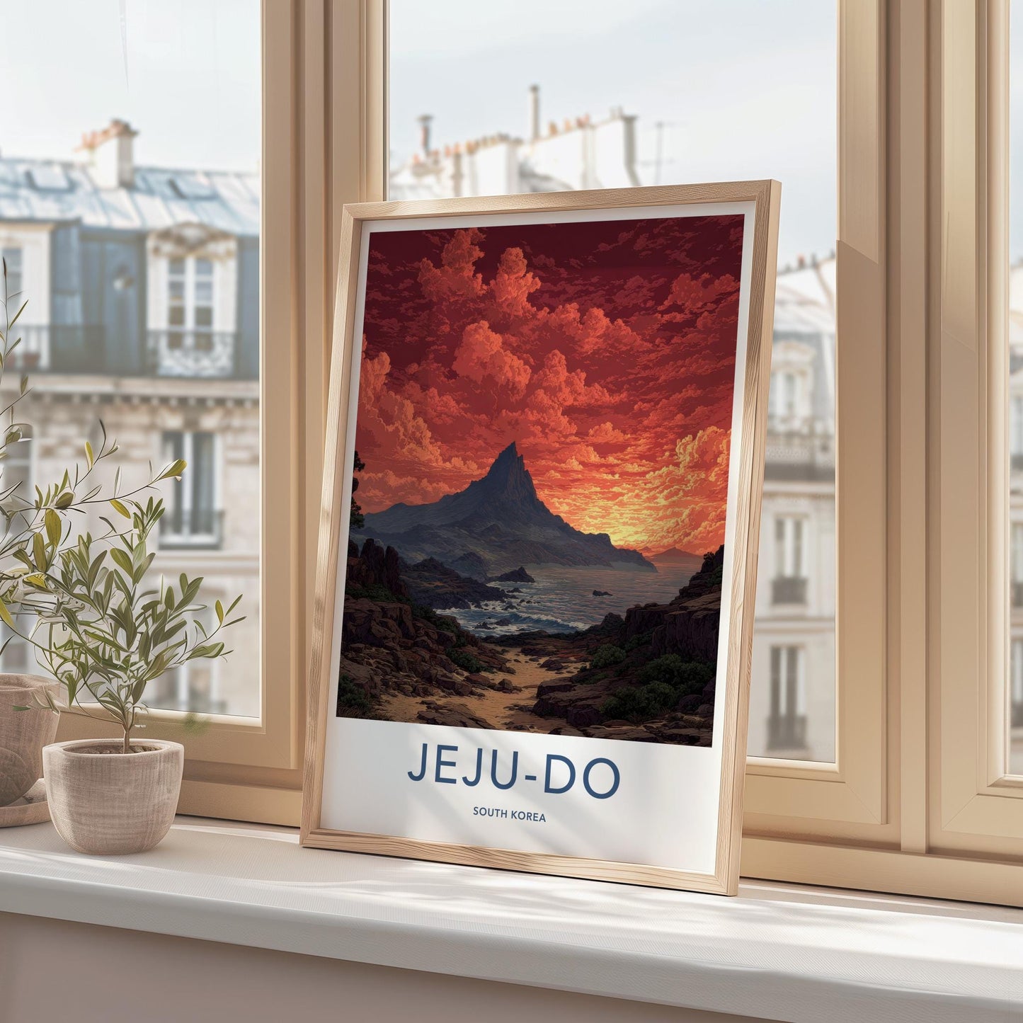 Jeju-Do Poster - South Korea Travel Art - Fiery Sky Ocean Home Decor