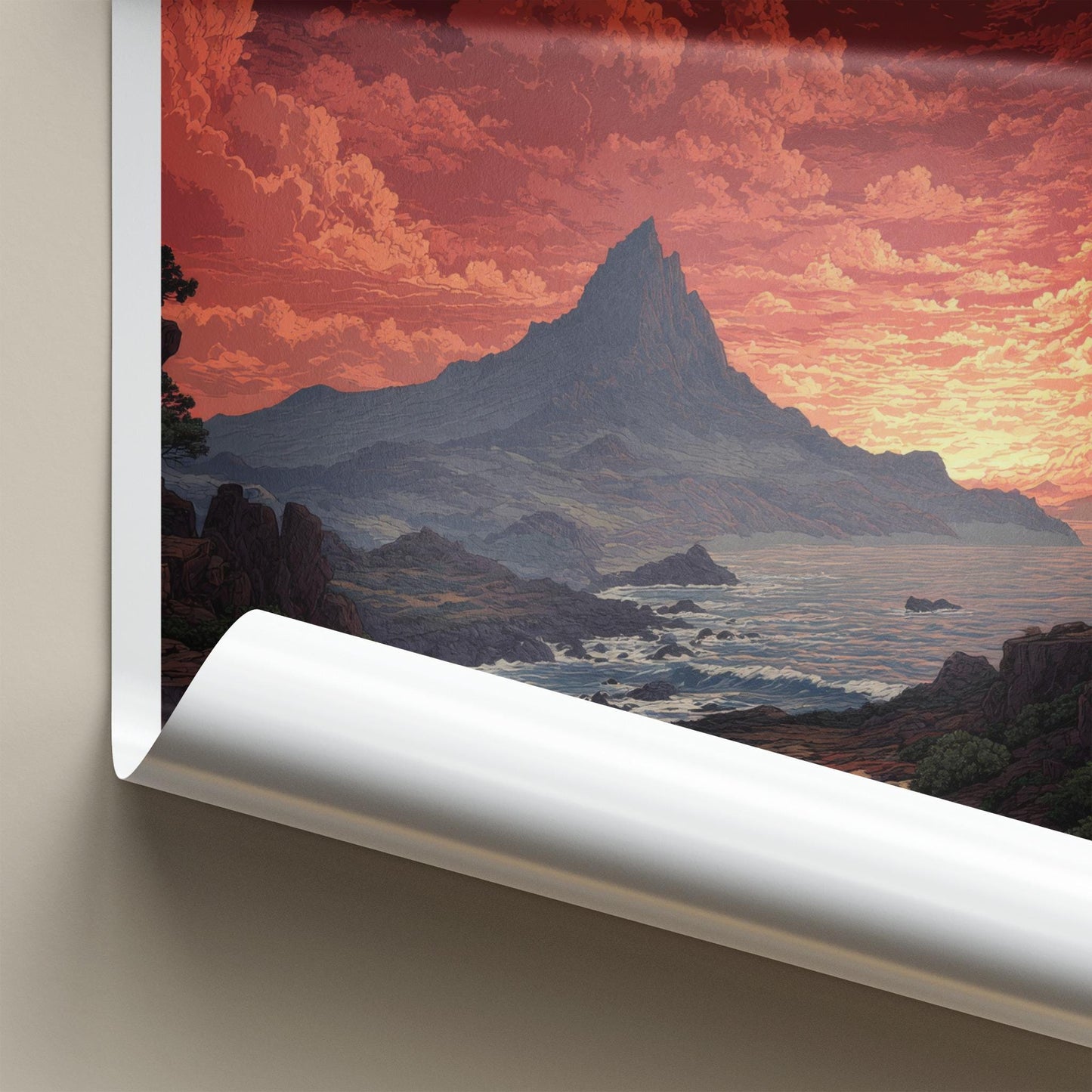 Jeju-Do Poster - South Korea Travel Art - Fiery Sky Ocean Home Decor