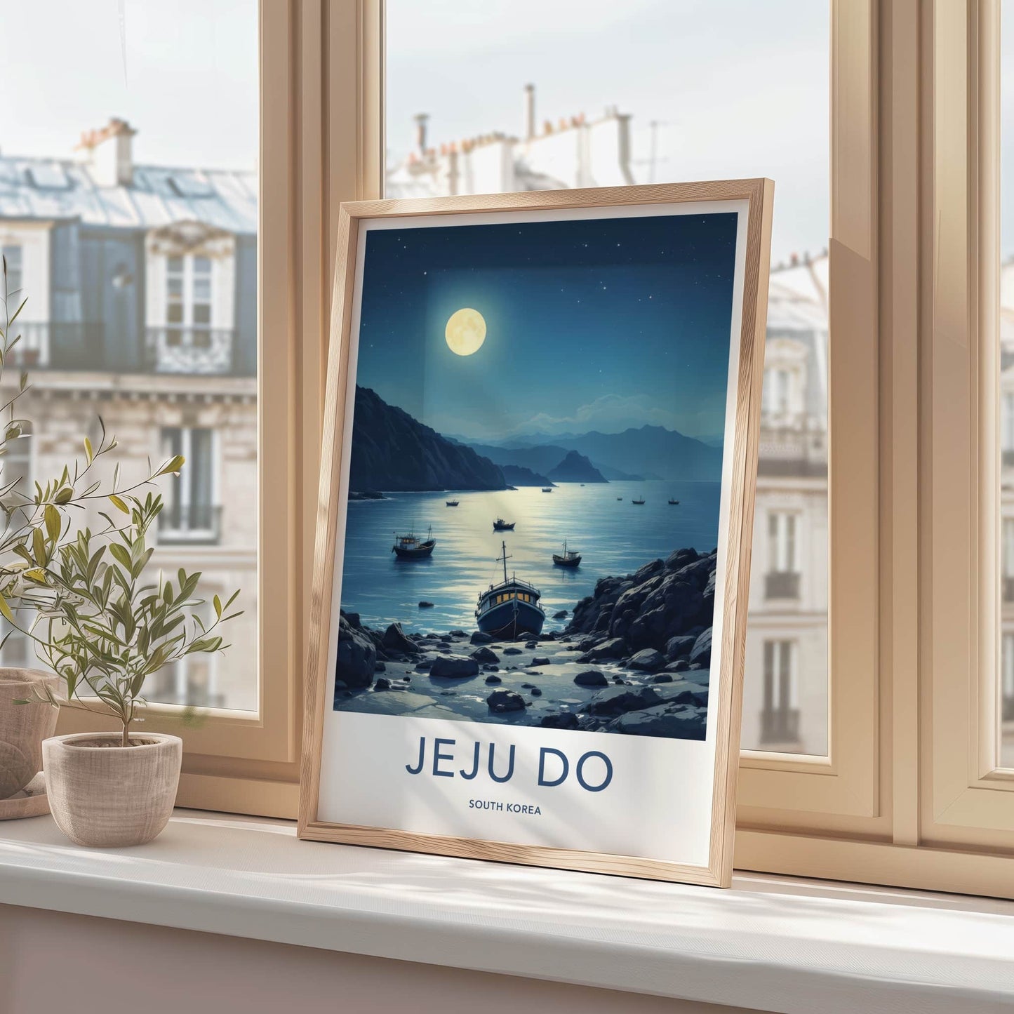 Jeju Do Poster - South Korea Travel Art - Moonlit Rocky Shore Home Decor
