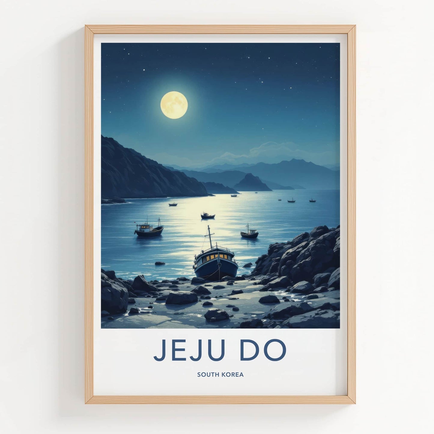 Jeju Do Poster - South Korea Travel Art - Moonlit Rocky Shore Home Decor