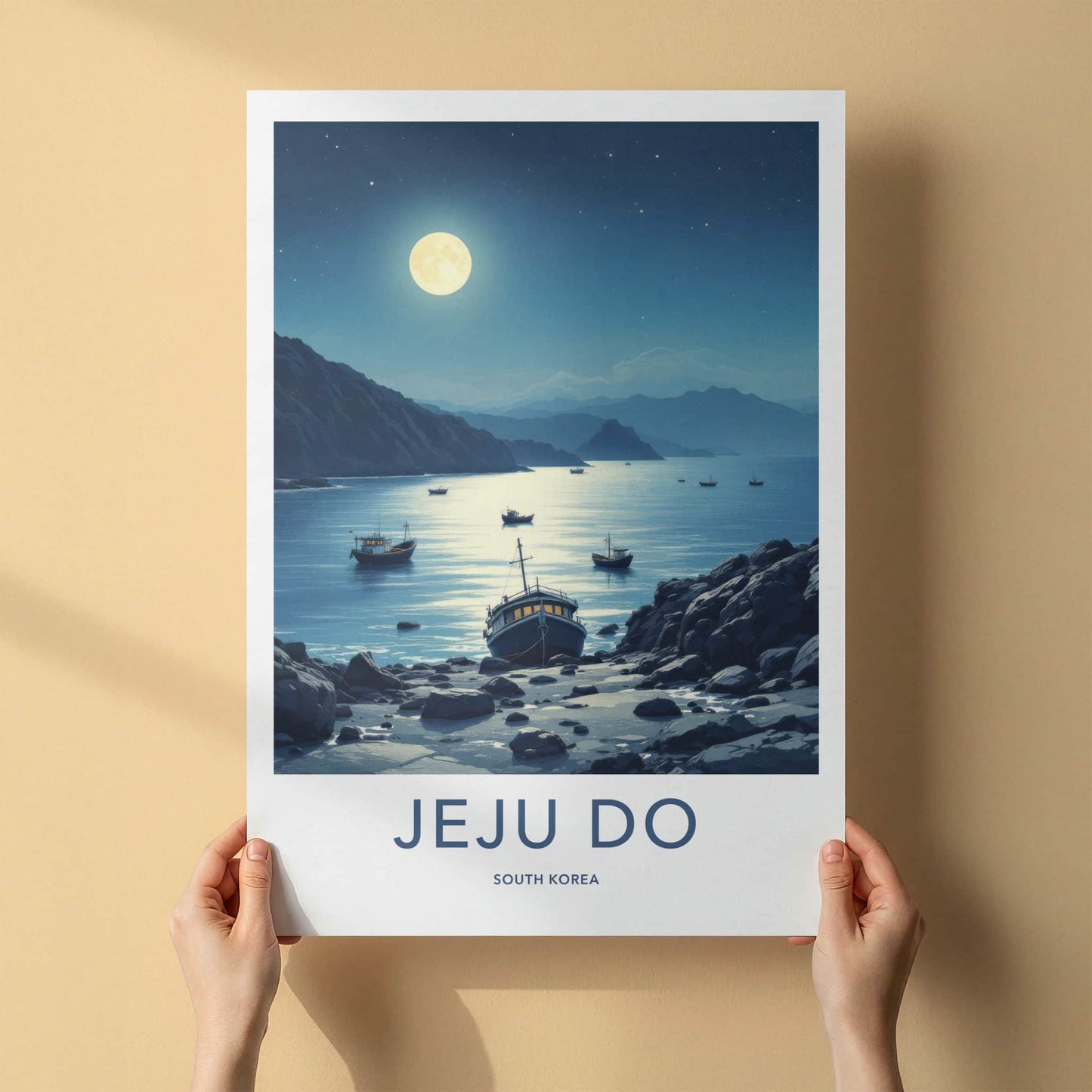 Jeju Do Poster - South Korea Travel Art - Moonlit Rocky Shore Home Decor