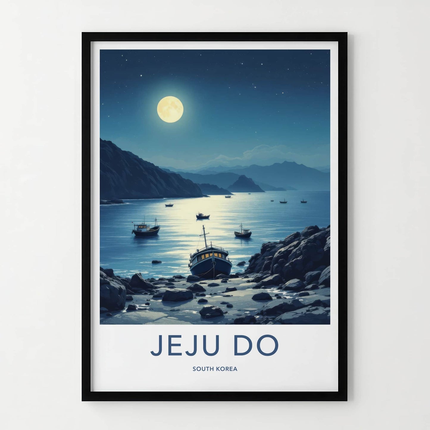 Jeju Do Poster - South Korea Travel Art - Moonlit Rocky Shore Home Decor
