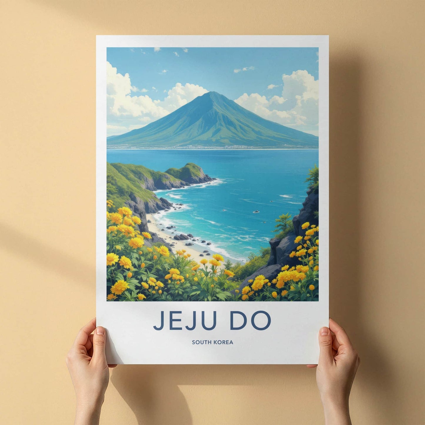 Jeju Do Poster - South Korea Travel Art - Volcanic Peak Ocean Home Decor