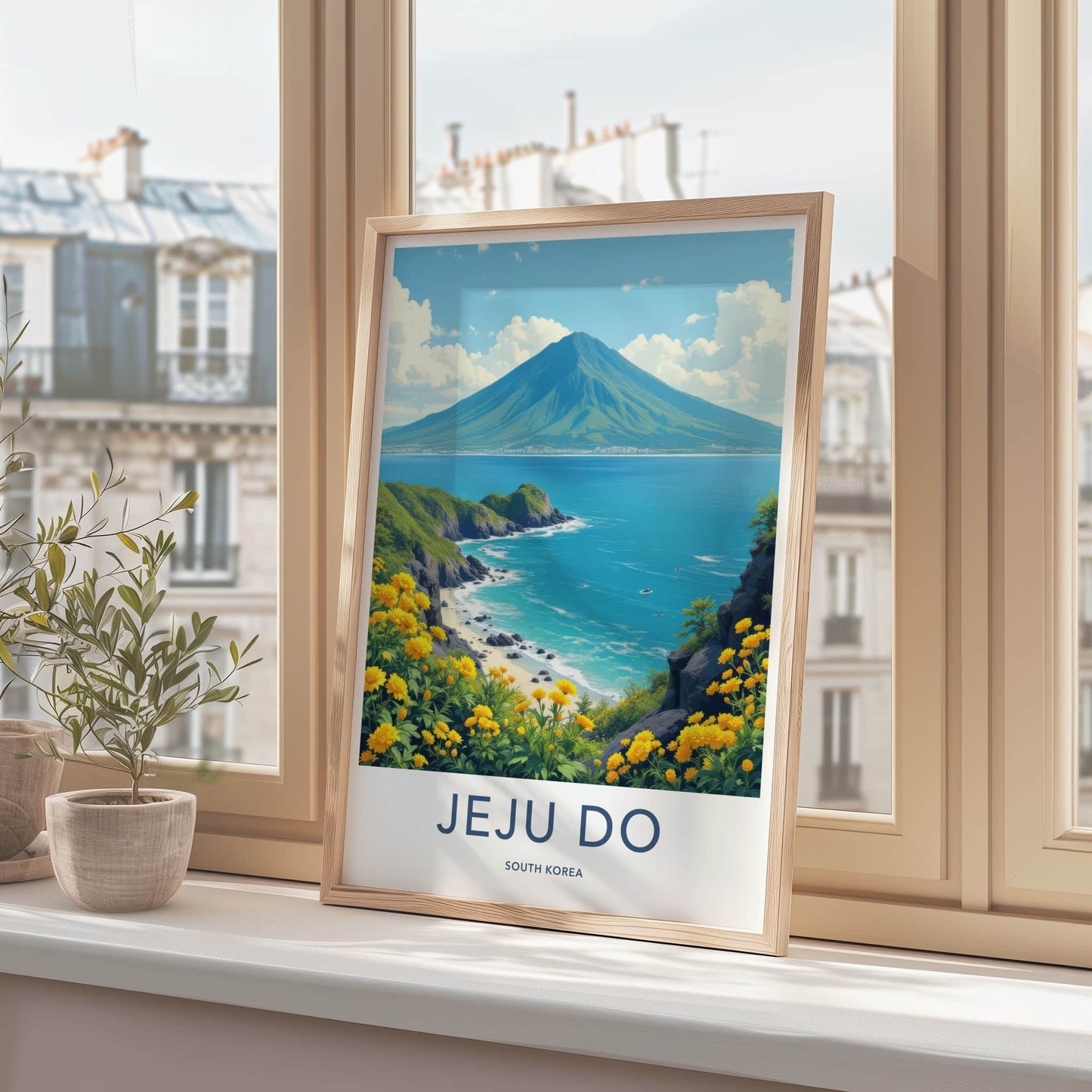 Jeju Do Poster - South Korea Travel Art - Volcanic Peak Ocean Home Decor