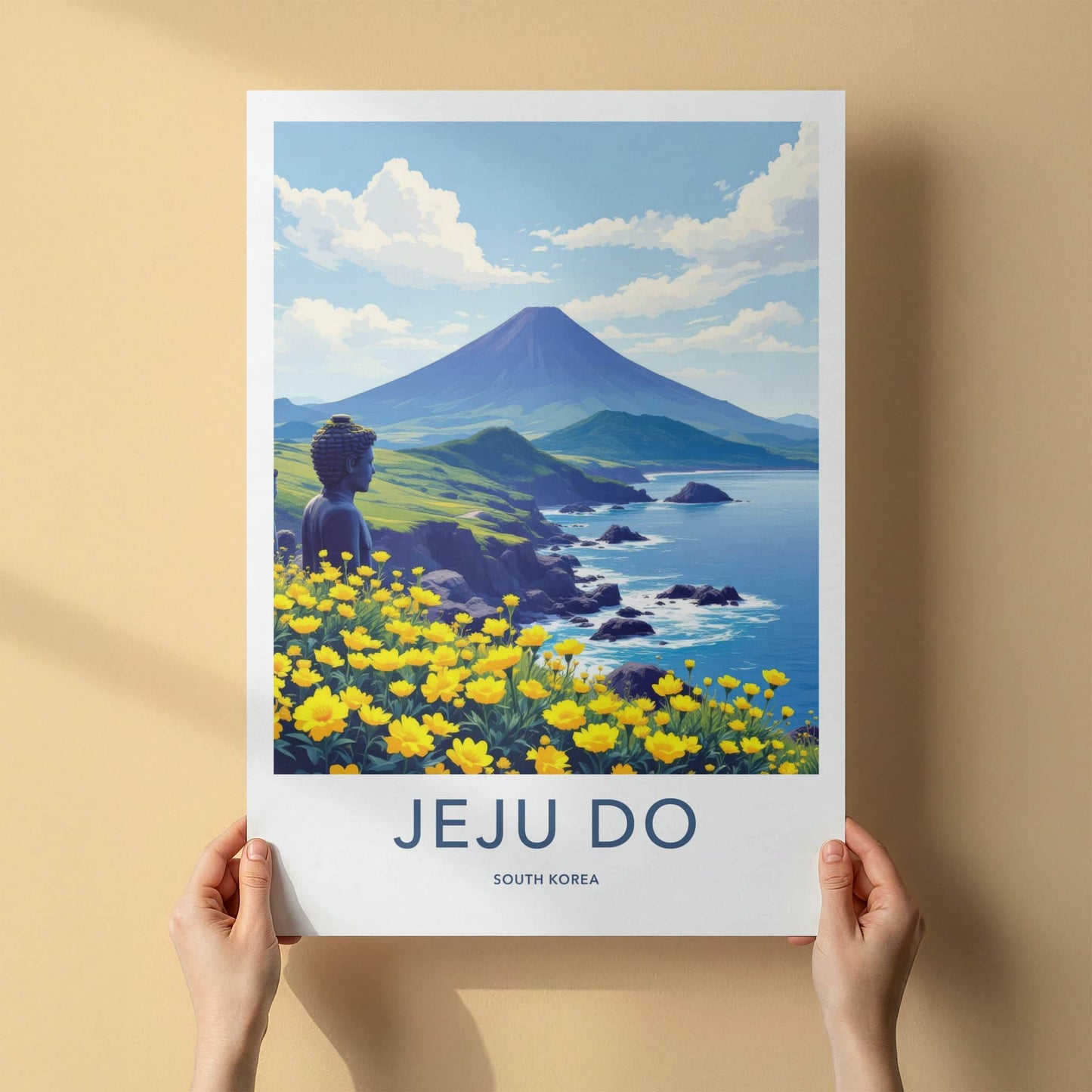 Jeju Do Poster - South Korea Travel Print - Volcano Coast Buddha Wall Decor