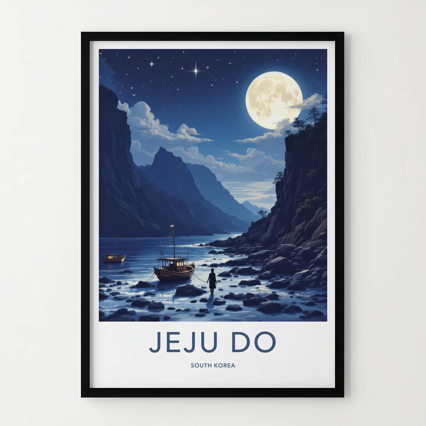 Jeju Do Poster - South Korea Wall Art - Moonlit Coastal Boats Home Decor