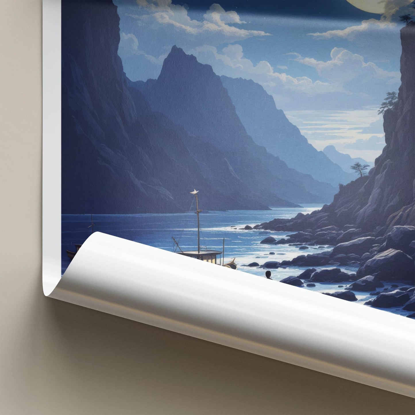 Jeju Do Poster - South Korea Wall Art - Moonlit Coastal Boats Home Decor