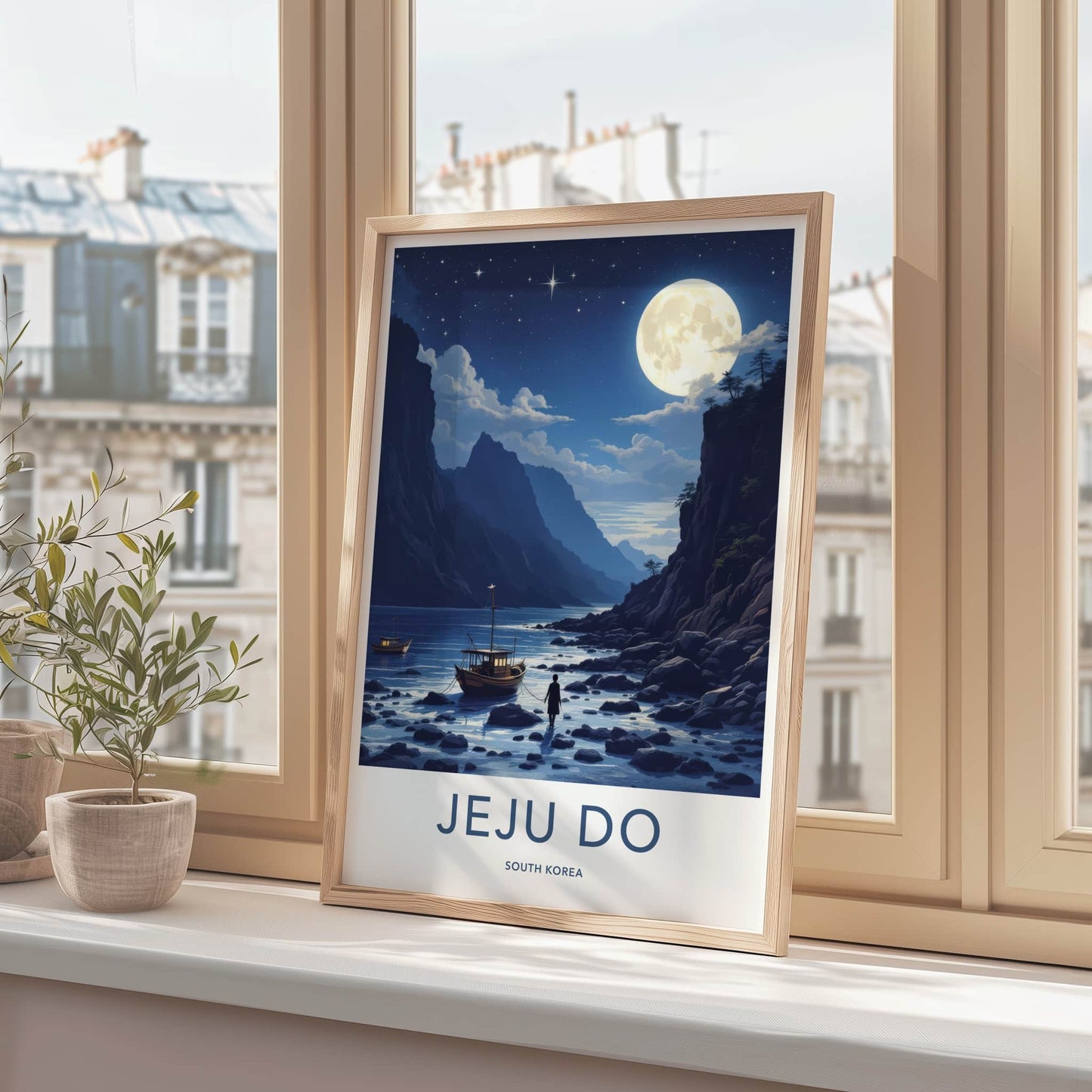 Jeju Do Poster - South Korea Wall Art - Moonlit Coastal Boats Home Decor