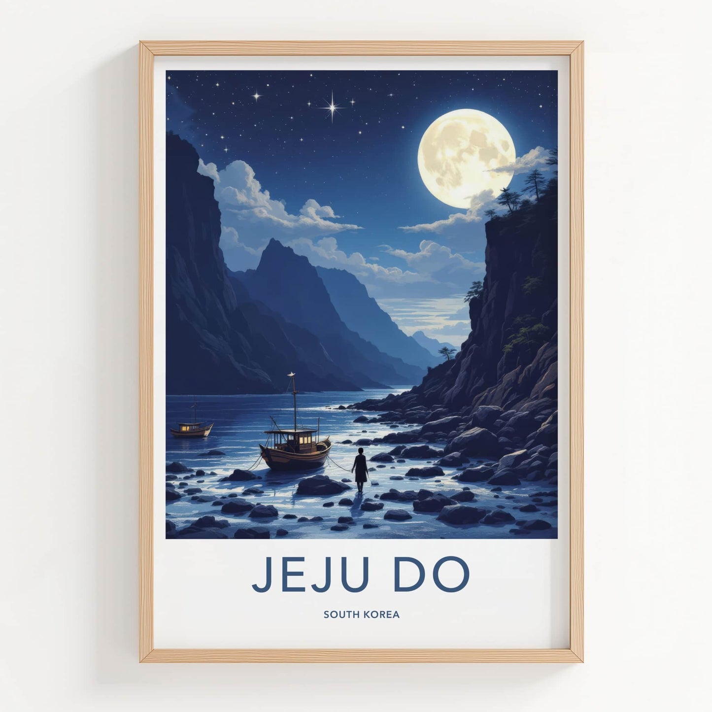 Jeju Do Poster - South Korea Wall Art - Moonlit Coastal Boats Home Decor