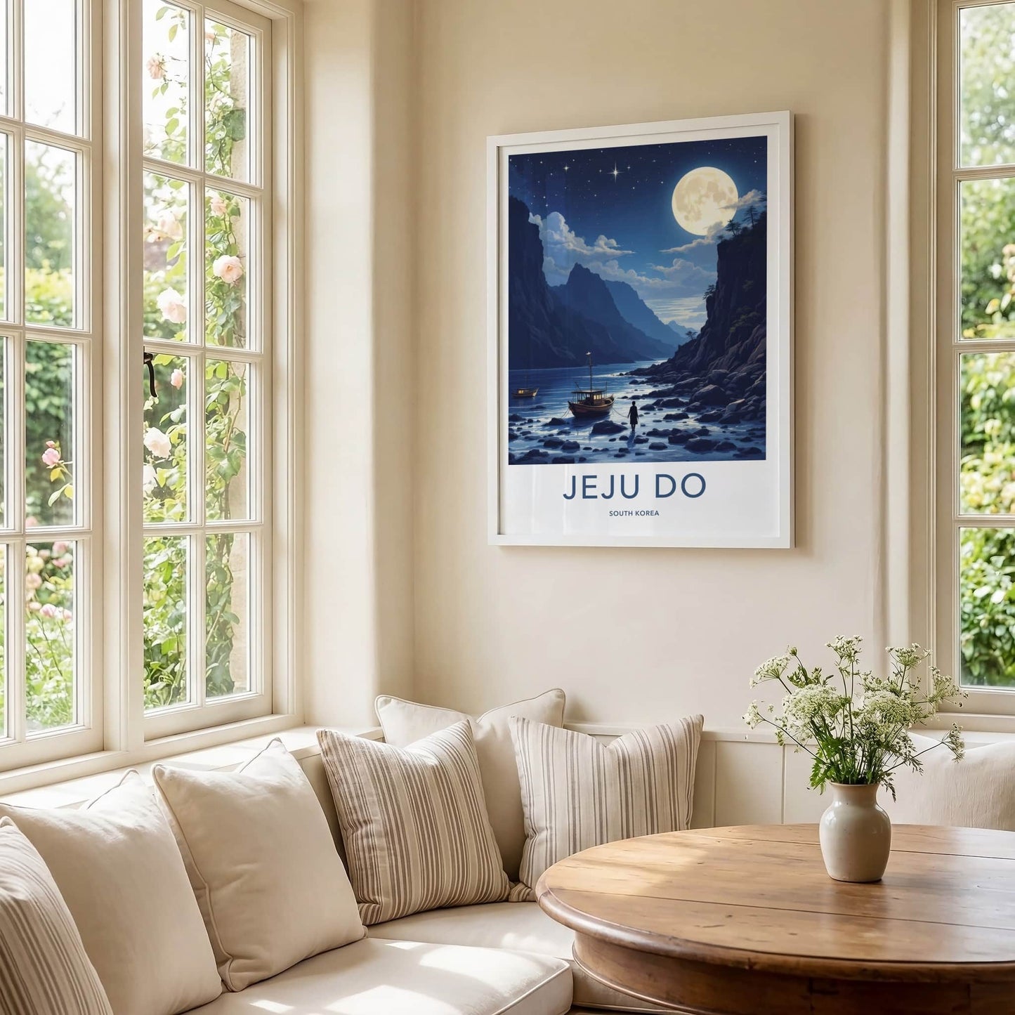 Jeju Do Poster - South Korea Wall Art - Moonlit Coastal Boats Home Decor