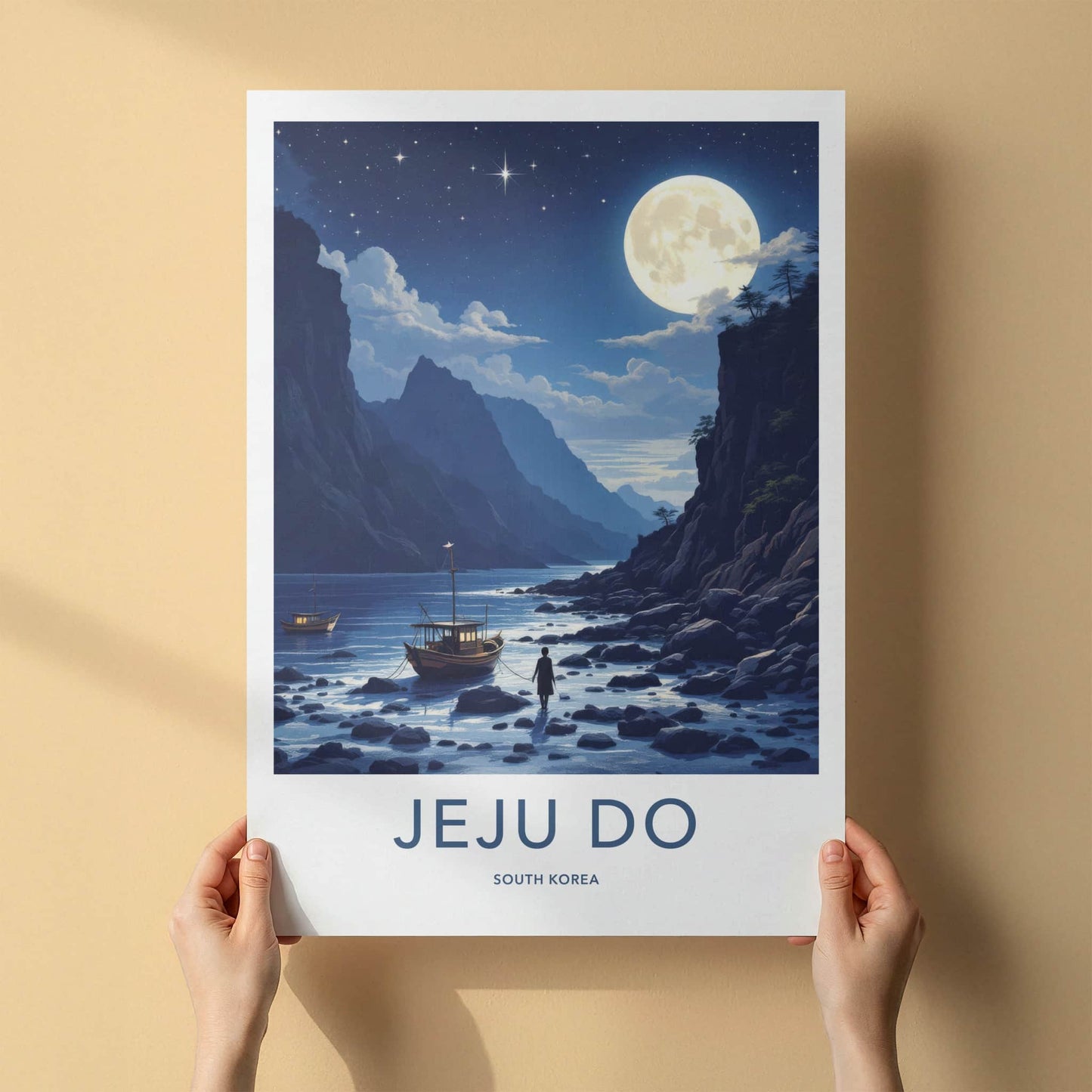 Jeju Do Poster - South Korea Wall Art - Moonlit Coastal Boats Home Decor