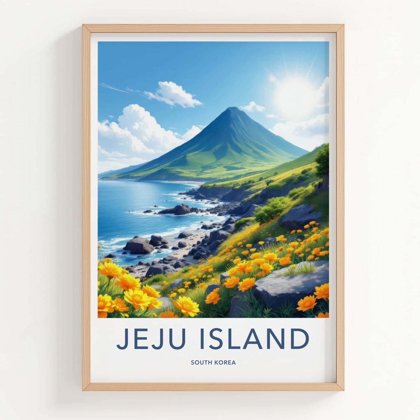 Jeju Island Poster - South Korea Travel Art - Mountain Ocean Flowers Wall Decor
